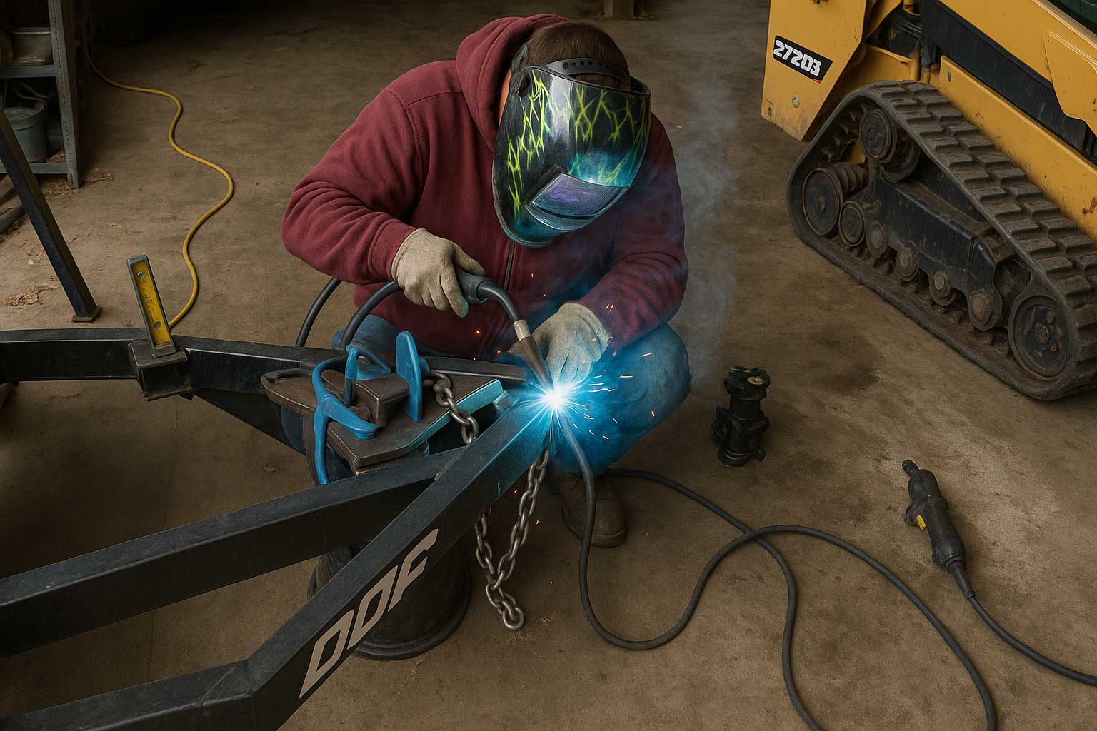 Welding technician repairing trailer hitch.
