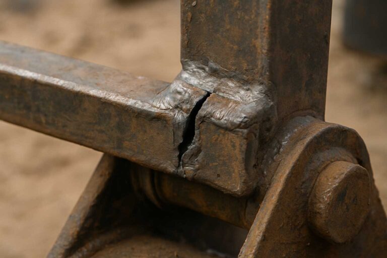Close-up of the cracked metal joint on heavy-duty equipment needing welding repair.