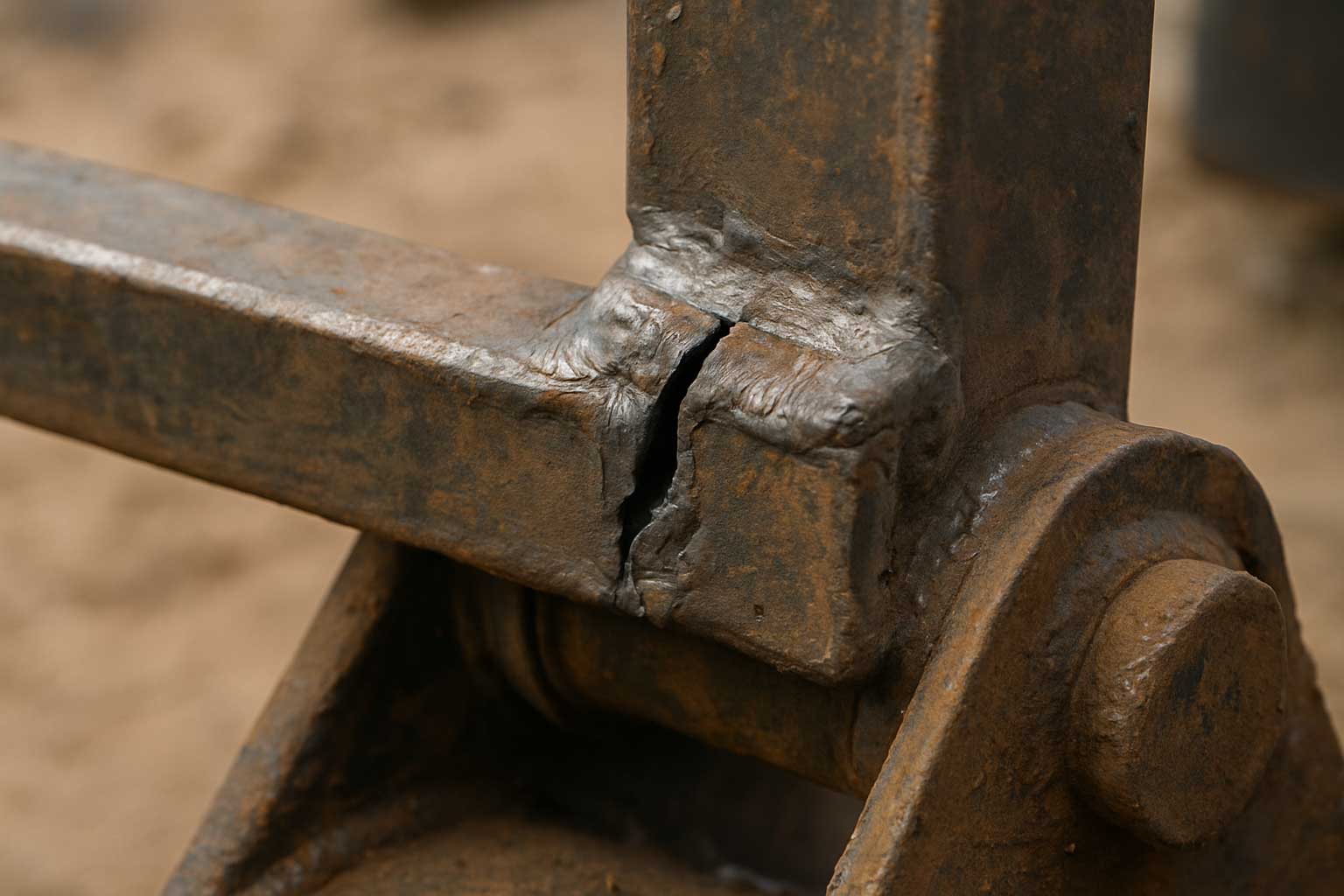 Close-up of the cracked metal joint on heavy-duty equipment needing welding repair.