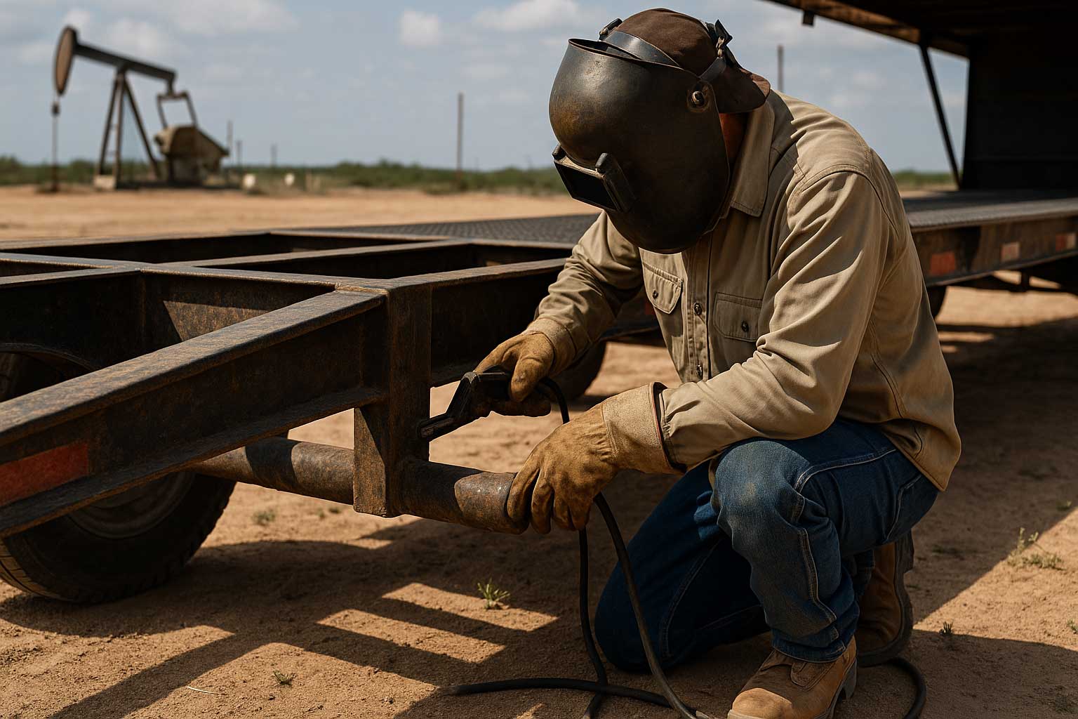 Technician using welding tools to inspect an unstable trailer frame in an oilfield.